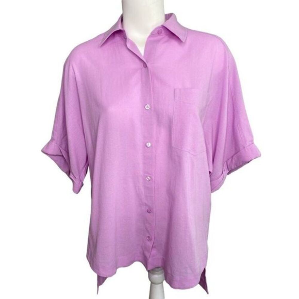 Trina Turk Cotton Button Front Shirt‎ Top Women's MEDIUM Purple Roll Sleeves NEW
